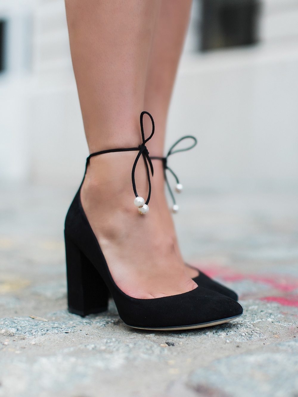 ✨RARE✨ Kate Spade Italy "Gena" Black Suede Pearl Ankle Tie Block Heels | Size 6